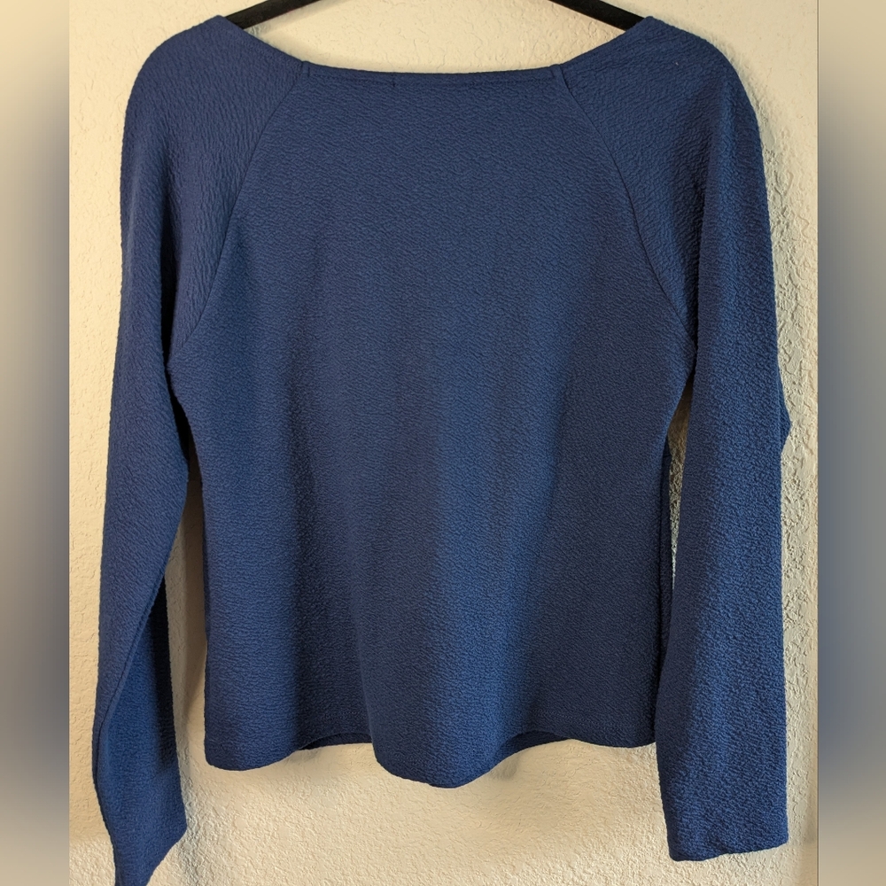 Anthropologie Maeve Textured Stretch Knit Top L Blue Sweetheart Neck LS Excellen - Picture 2 of 7